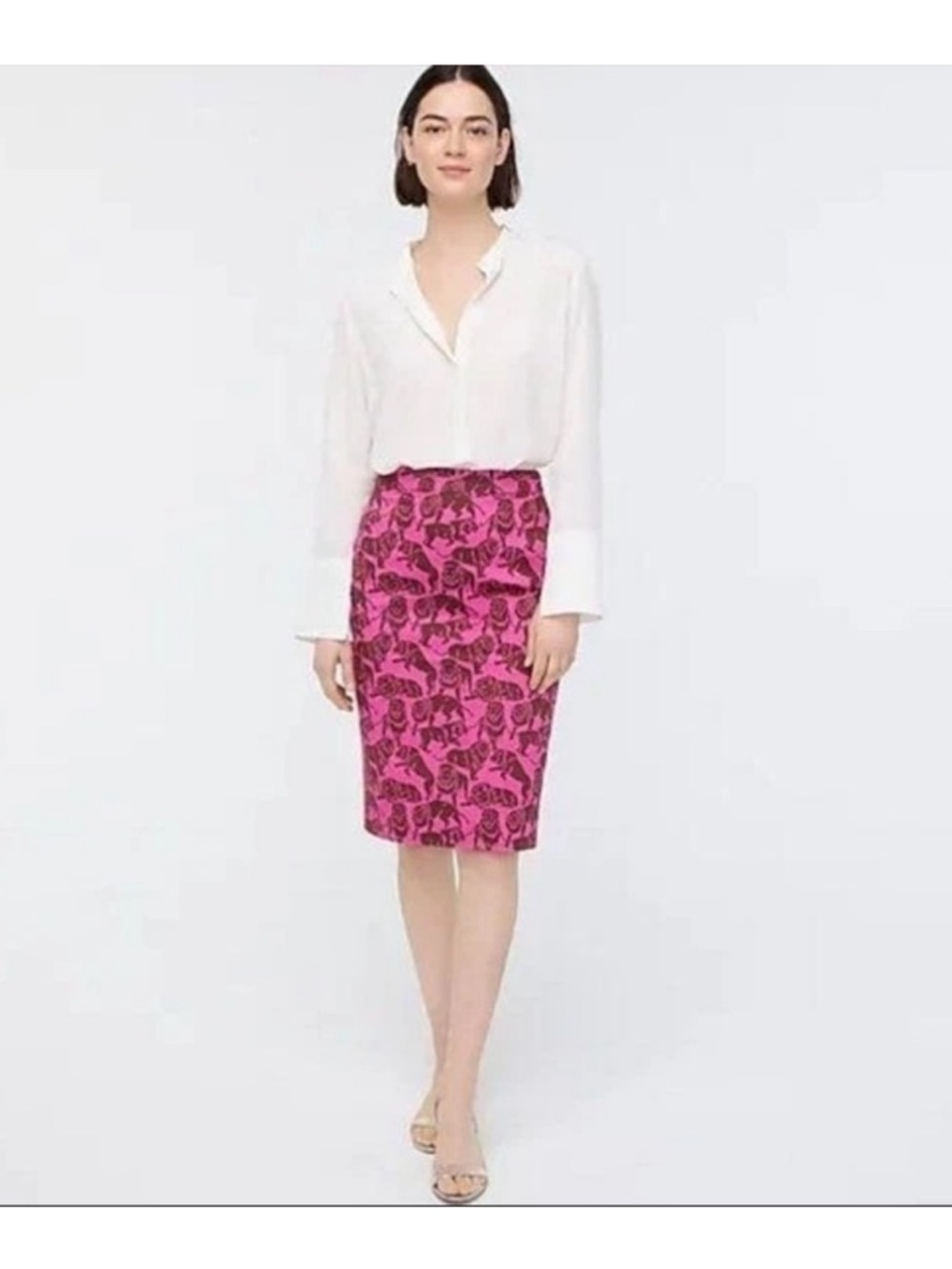 J Crew No. 2 Pencil Skirt Sleepy Lion Print Hot Pink Brown Kitschy Size 6 Tall